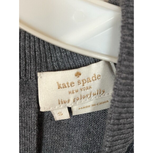 Kate Spade Gray Wool Cashmere Crew Neck Sweater Gold Zip, Bow Cuffs 3/4 Sleeve S - Picture 4 of 6